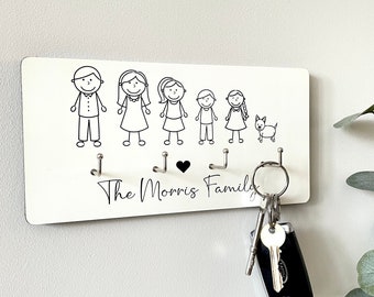 Family Key Holder For Wall, Key Hooks, Stick Figure Family, Key Rack, New Home Present, Housewarming Gifts, Key Hanger, Personalised Key