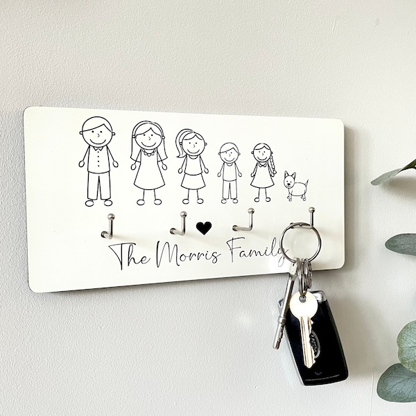 Family Key Holder For Wall, Key Hooks, Stick Figure Family, Key Rack, New Home Present, Housewarming Gifts, Key Hanger, Personalised Key