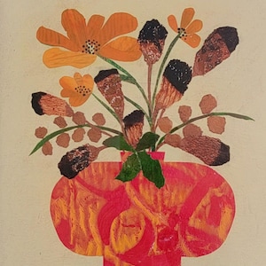 May include: A vibrant still life painting featuring a red vase filled with orange flowers and brown seed pods. The flowers have dark centers and green leaves. The background is a light beige color.