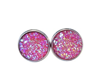 Pink Earrings Stud, Pink Stud Earrings, Pink Druzy Earrings, Glitter Studs, Iridescent Earrings, Sparkly Earrings, Everyday Earrings Studs