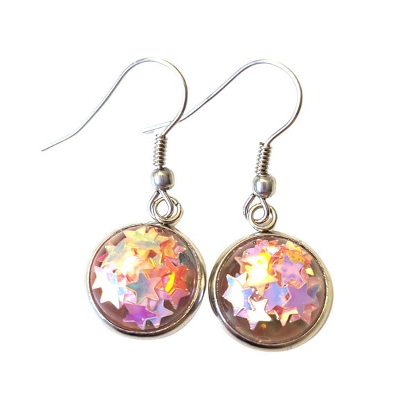 Star Earrings Dangle, Multicolor Earrings, Iridescent Earrings, Colorful Jewelry, Sparkly Earrings, Funky Earrings, Unique Earrings
