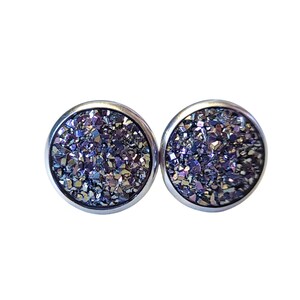 Blue Gray Earrings, Sparkly Stud Earrings, Glittery Earrings, Everyday Earrings For Women, Silver Druzy Earrings, Small Earrings Stud