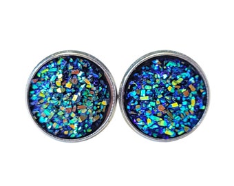 Puces d'oreilles bleu canard irisé : imitation druzy, sans nickel