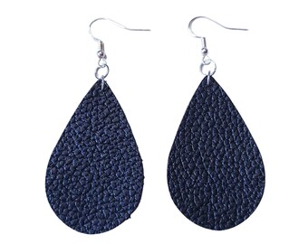Black Leather Teardrop Earrings: Sterling Silver Dangle Earrings