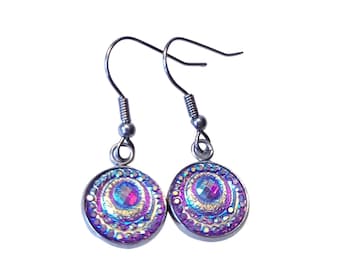 Purple Dangle Earrings Boho, Iridescent Earrings, Circular Dangle Earrings, Geometric Dangle Earrings, Gifts For Her Friend, Dangle Earrings