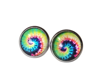 Rainbow Tie Dye Stud Earrings: Hypoallergenic Boho Hippie Jewelry
