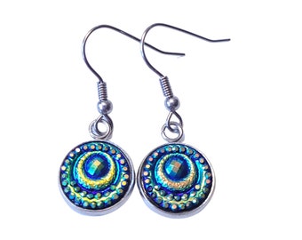 Boucles d'oreilles pendantes bleu canard irisé : acier inoxydable, hypoallergénique