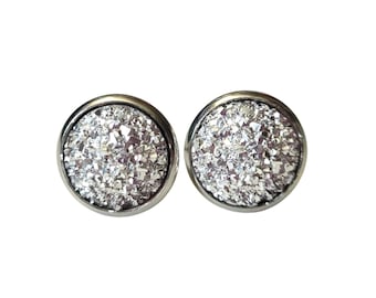 Clous d'oreilles argentés imitation druzy : résine scintillante, acier inoxydable
