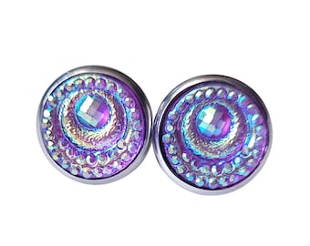 Puces d'oreilles violettes scintillantes : acier inoxydable irisé, 12 mm