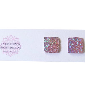 Square Earrings Stud, Pink Druzy Earrings, Pink Iridescent Earrings Stud, Square Stud Earrings, Pink Earrings Stud, Spring Earrings