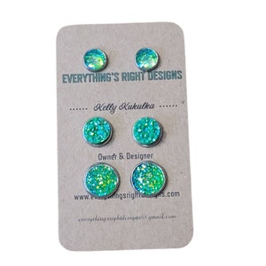 Green Earrings Set, Mermaid Tail Earrings, Small Stud Earrings Set, Iridescent Earrings, Earring Studs Set, Green Glitter Earrings image 1