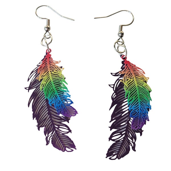 Pendientes colgantes de plumas de arcoíris: joyería de acero inoxidable con orgullo