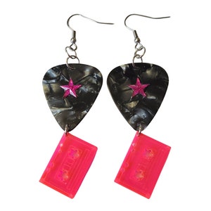 Hot Pink Cassette Tape Dangle Earrings, Guitar Pick Earrings, Festival Accessories, Music Lover Gift for Best Friend