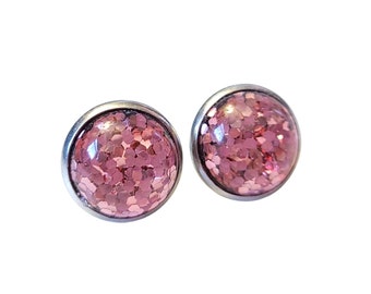 Puces d'oreilles roses scintillantes : acier inoxydable, hypoallergénique (12 mm)