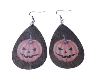 Boucles d'oreilles pendantes fantasmagoriques citrouilles d'Halloween : bijoux en bois d'Halloween