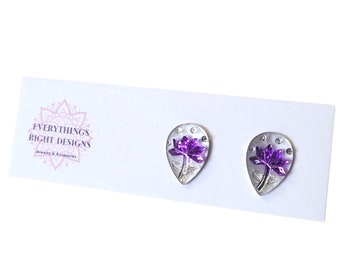 Purple Flower Stud Earrings: Hypoallergenic Stainless Steel Posts