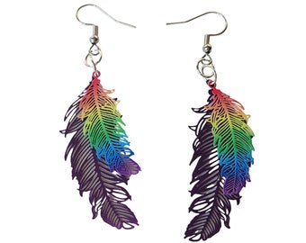 Rainbow Feather Earrings Dangle, Music Festival Earrings, Birthday Gift for Bestie, Rainbow Pride Earrings