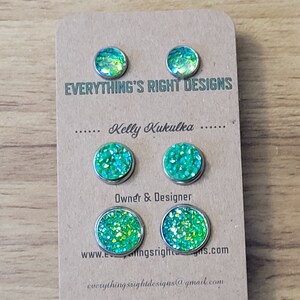 Green Earrings Set, Mermaid Tail Earrings, Small Stud Earrings Set, Iridescent Earrings, Earring Studs Set, Green Glitter Earrings image 2