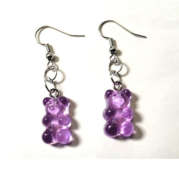Purple Gummy Bear Earrings, Bright Earrings, Unique Earrings, Kawaii Earrings Dangle, Colorful Jewelry, Fun Earrings, Spring Earrings
