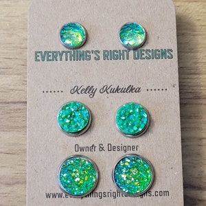 Green Earrings Set, Mermaid Tail Earrings, Small Stud Earrings Set, Iridescent Earrings, Earring Studs Set, Green Glitter Earrings image 3