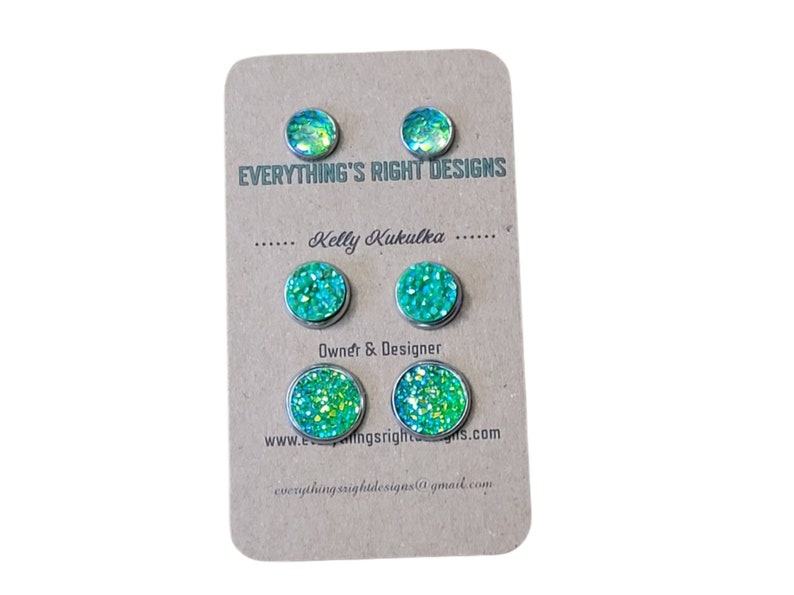 Green Earrings Set, Mermaid Tail Earrings, Small Stud Earrings Set, Iridescent Earrings, Earring Studs Set, Green Glitter Earrings image 1