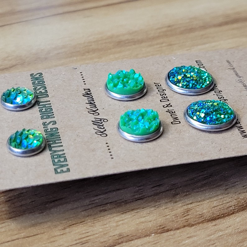 Green Earrings Set, Mermaid Tail Earrings, Small Stud Earrings Set, Iridescent Earrings, Earring Studs Set, Green Glitter Earrings image 4