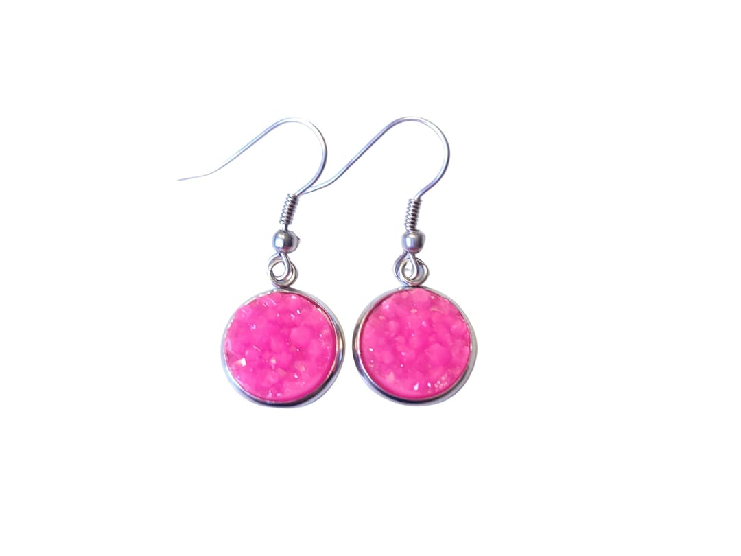 Hot Pink Earrings Dangle, Neon Pink Earrings, Pink Glitter Earrings