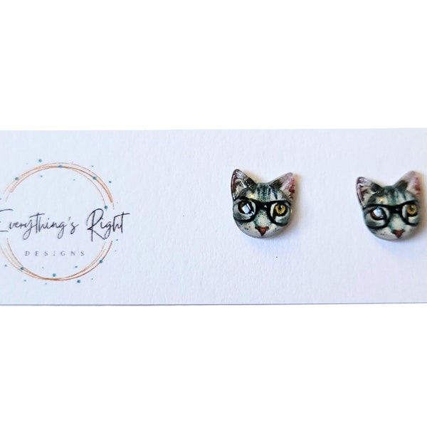 Cat Wearing Glasses Earrings, Everyday Earrings, Cat Lover Gift Women