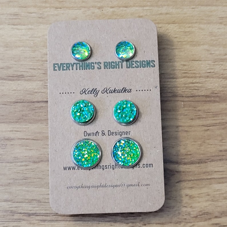 Green Earrings Set, Mermaid Tail Earrings, Small Stud Earrings Set, Iridescent Earrings, Earring Studs Set, Green Glitter Earrings image 2