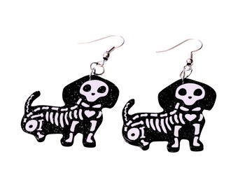 Boucles d'oreilles squelette chien : pendantes, acrylique, scintillantes