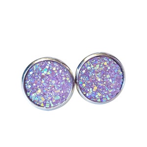 Light Purple Faux Druzy Stud Earrings: Iridescent Sparkly Jewelry