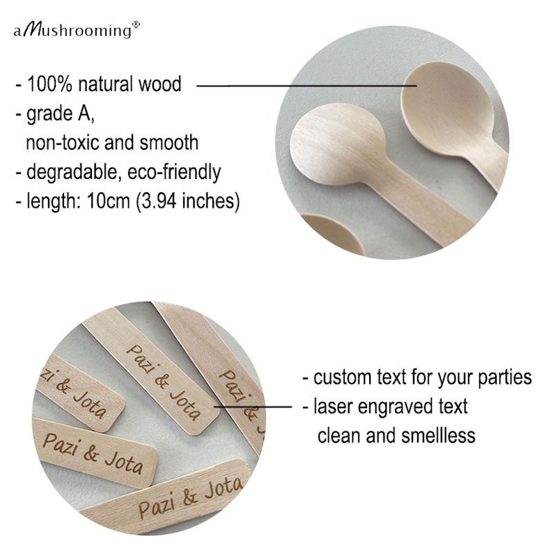 May include: Wooden spoons and stir sticks. The spoons are 10cm long. The stir sticks have the text "Pazi & Jota" engraved on them. The text "a Mushrooming" is at the top left.