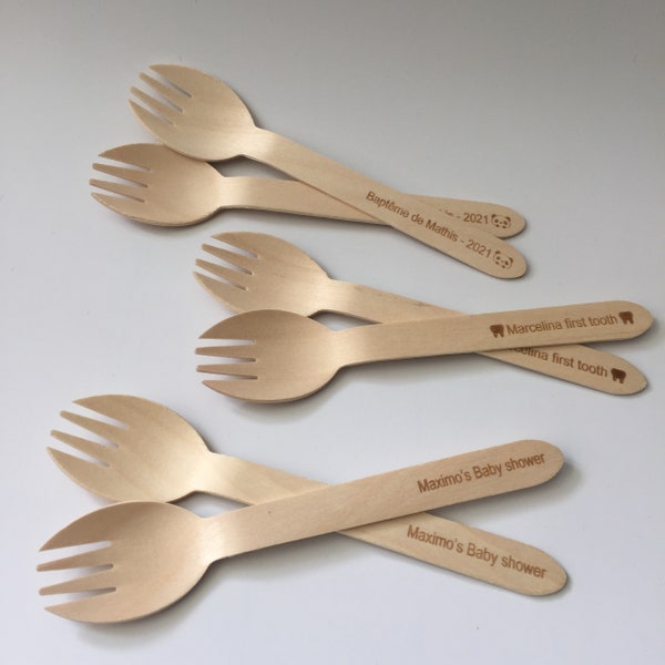 x100 personalized Wooden Custom Sporks Disposable Spoons forks 16cm Eco, Biodegradable, Wedding Gift Cutlery Party Supplies