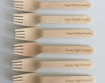50 Engraved Cutlery Wood Forks Customized Wooden Forks | Rustic Wedding School Event | Birthday | Baby Shower Party Favor Happy Birthday
