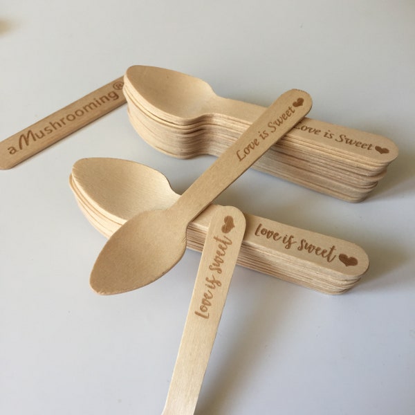 100 Custom Dessert Spoons Mini Spoons Wooden Ice cream Spoons coffee stir Drink Stirrers 11cm, silverware, kids party, birthday Wedding I do