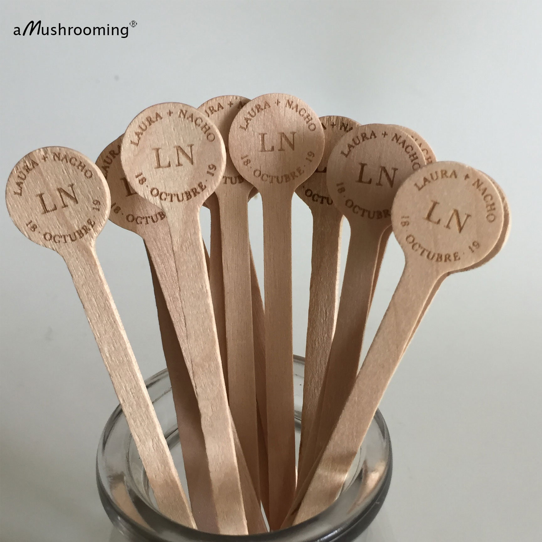 50 Custom Wood Engraved Stir Sticks, Cocktail Sticks, Wedding Drink Sticks  ONE-SIDED Round Top 