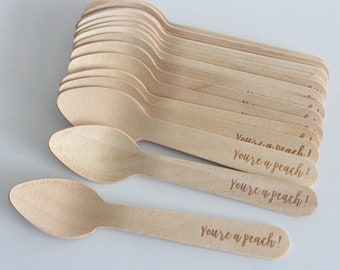 100 Custom Dessert Spoons Mini Spoons Wood Ice cream Spoons coffee stir Drink Stirrers you are a peach silverware, party, birthday Wedding