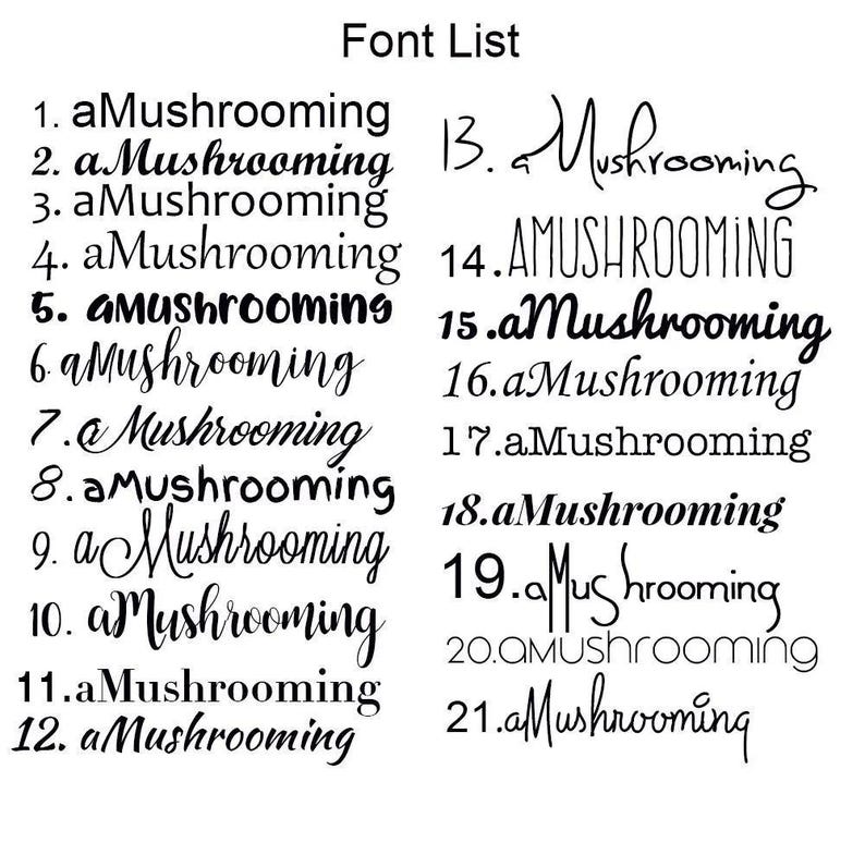 May include: A black and white image showing a font list. The list features 21 different font styles, each numbered and displaying the word "aMushrooming" in a variety of designs, from cursive to block lettering.