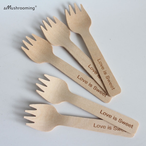 x100 Mini Sporks Customized Forks | Wedding Party Gifting 10.5cm Wood forks love is sweet Wedding gift Wedding Party anniversary