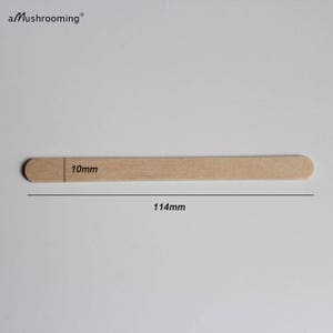 May include: A light brown wooden craft stick with rounded ends. The stick is labeled with dimensions of 10mm in width and 114mm in length. The text aMushrooming is printed in the upper left corner of the image.