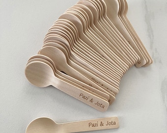 100 Personalized Dessert Spoon Ice Cream Round Spoons Heart Engraved Name Date Wood Utensils Wedding gift Wedding Party Wedding Decoartion