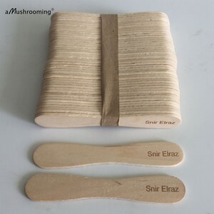 May include: A stack of light-colored wooden craft sticks secured with a brown paper band, accompanied by two loose sticks. Each stick features the laser-engraved text Snir Elraz, and the top left corner displays the text aMushrooming.