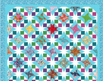 Star Rings Quilt Pattern 96" x 96" Queen size PDF Download -Bold Rings around Colorful Stars-Perfect for layer cake sq.'s or Stash Fabric!