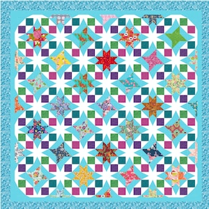 Op de afbeelding: Een quilt met een witte achtergrond en een patroon van teal, groene, roze en paarse sterren. De sterren worden omringd door kleinere vierkanten van verschillende bloemenstoffen.