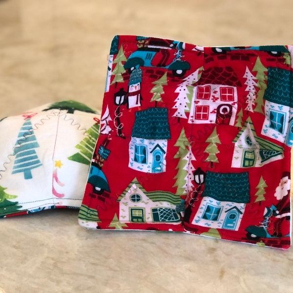 Microwave Bowl Cozies! Christmas Village,happy penguins, Santa!-Nice & THICK, Ships Quick! 100% Cotton FLANNEL-washable and microwave safe