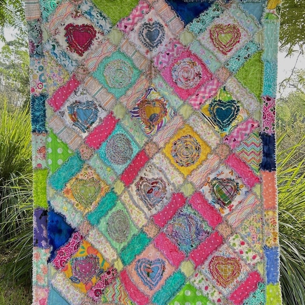 Flannel Rag Quilt~ Double Diamond~ child size throw 44" x 58" ~Hearts, Butterflies, Birds, flowers & more! Perfect for a cuddle or nap!