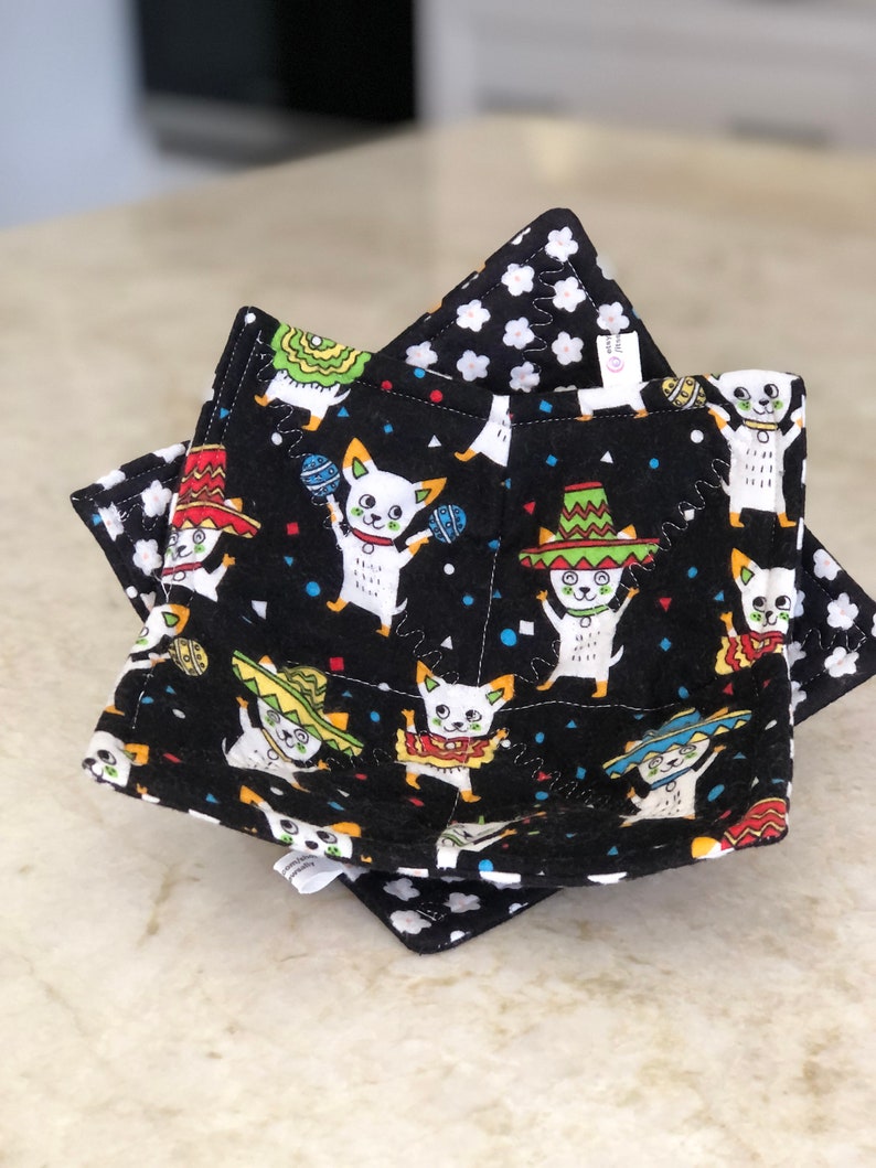 Best Microwave Bowl Cozies HaPpY DaNcInG ChIhUaHuAs make you smile Thicker, 100% Cotton FLANNEL-batting-washable-reversible-microwave safe image 5