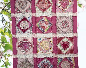 Handmade Flannel Rag Quilt: Pink Hearts & Peonies, Toddler Size 39" X 52"
