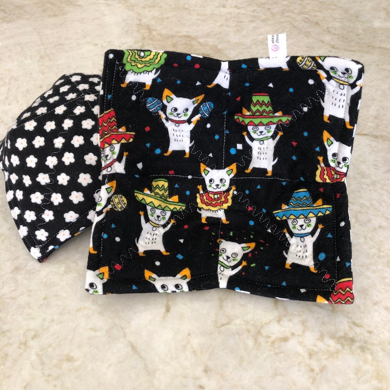 Best Microwave Bowl Cozies HaPpY DaNcInG ChIhUaHuAs make you smile Thicker, 100% Cotton FLANNEL-batting-washable-reversible-microwave safe image 1