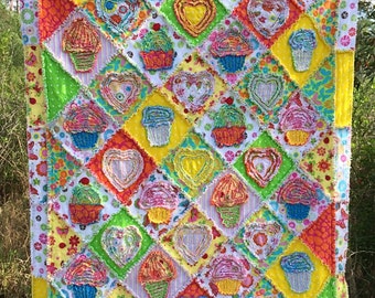 Rag Quilt Sweet Cupcakes! 45” X 56" downloadable PDF PATTERN- a quick Shredded Style Rag Quilt. FREE YouTube Video on "shredding appliques"